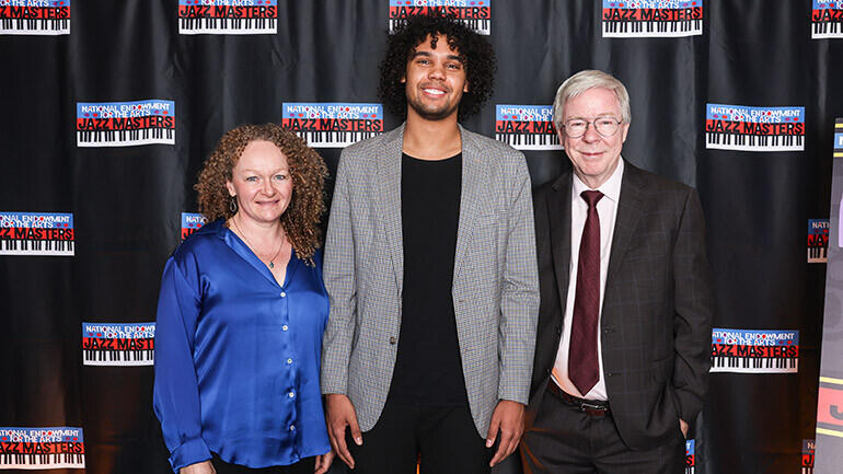 Anton Kot Receives Future Jazz Master Award - left to right: BMI Foundation President Deirdre Chadwick, 2025 BMI Future Jazz Masters Award Winner Anton Kot, BMI Senior Director of Musical Theatre & Jazz Patrick Cook : Jati Lindsay (Courtesy of National End